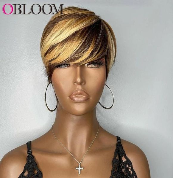 

highlight blonde short bob pixie cut wig human hair wigs with bangs brazilian wigs for black women full machine made9690942, Black;brown