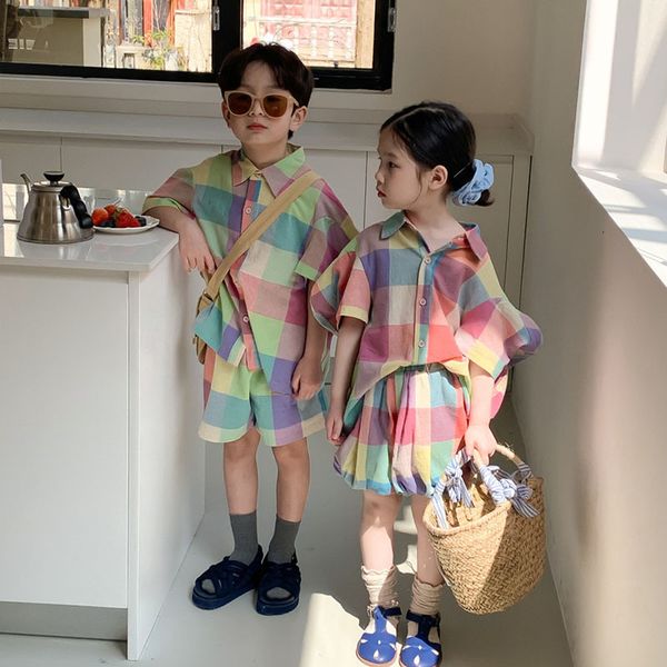 

clothing sets milancel summer kids set plaid tee and shorts girl clothes suit brother sisiter 230412, White