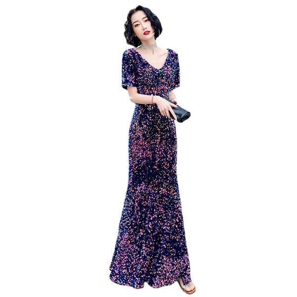 

robe de soiree evening dress short sleeve elegant v neck mermaid sequined long formal party gowns ru85, Black;red