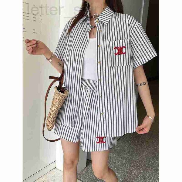 

women's tracksuits designer 23ss summer new shirt shorts set striped fabric triumphal arch embroidery decoration classic style 499g, Gray