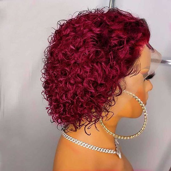 

hair wigs pixie cut short bob curly human 13x1 transparent lace 99j burgundy water deep wave front for women 230413, Black