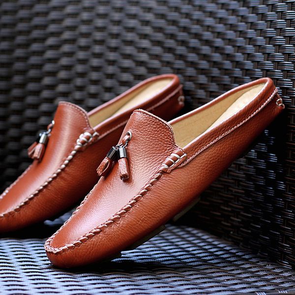 

dress shoes men's summer fashion casual mules male breathable first layer cowhide loafer slipper mocassins soft genuine leather sandals, Black