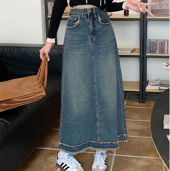 

design tassel hem stitching denim skirt for women korean style high waist, Black