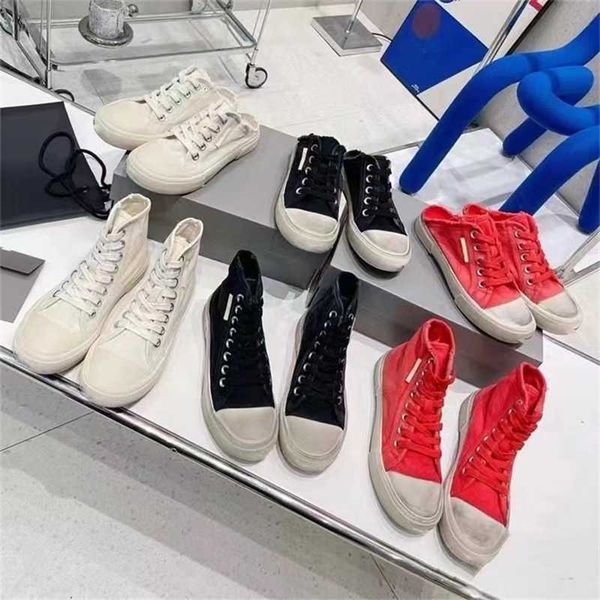 

2023 summer new paris worn canvas shoes high flat casual board shoes small dirty half slipper women, Black