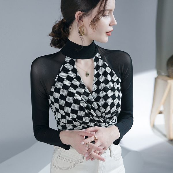 

23ss women's knits halter plaid patchwork spring autumn outwear tee winter high neck inner layering long shirts, White