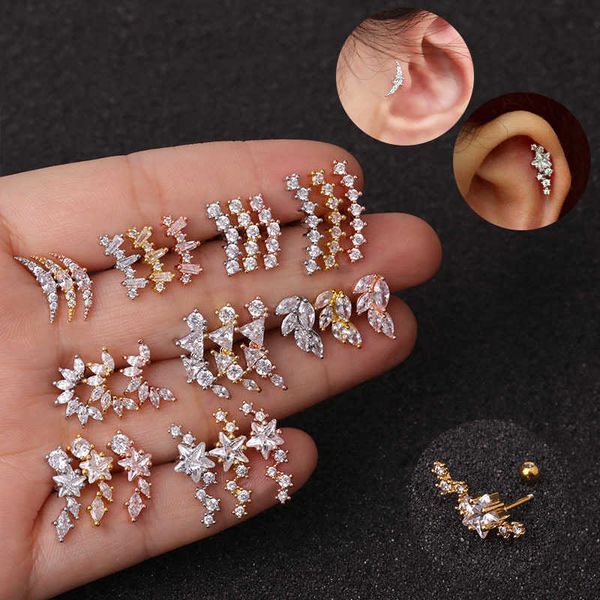 

stud 1pc fashion cz ear studs cartilage earring for women stainless steel zircon leaf small stud earring ear piercing jewelry gifts p230411, Golden;silver