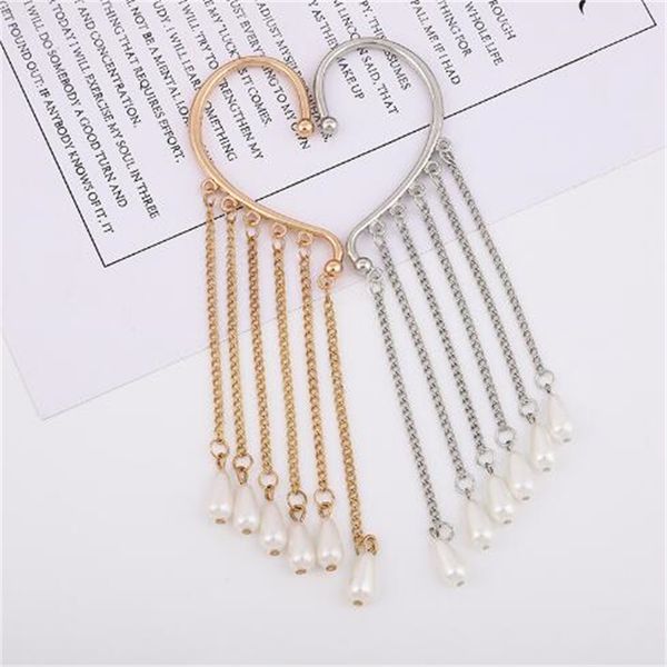 

new product niche baroque long pearl ear cuff european and american exaggerated cool style geometric tassel earrings ae669, Silver