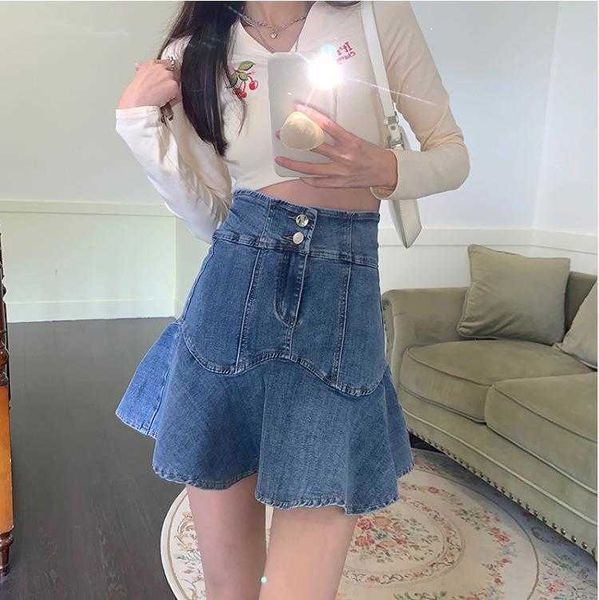 

girl ruffled denim skirt female spring and summer two buttons high waist slimming, Black