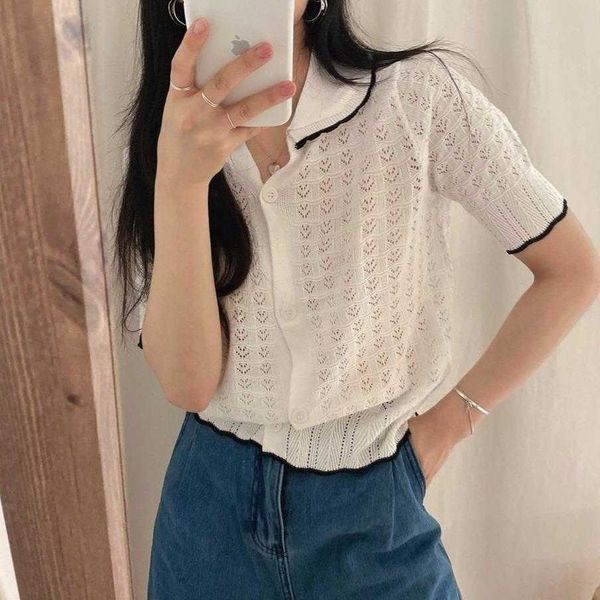 

chic wooden ear sweaters contrast color lapels crocheted hollow texture single, White;black