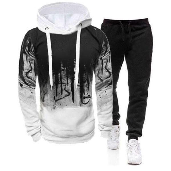 

men's tracksuits 2pcs suit spring autumn sweatshirt set splash ink hoodies tracksuit pants casual fitness male sportswear s 4xl wholesa, Gray