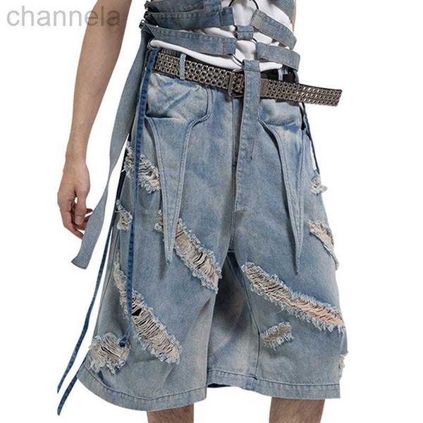

men's high street destroyed short jeans fashion design streetwear ovversized hip hop denim shorts loose fit y2k ripped bottoms, White;black