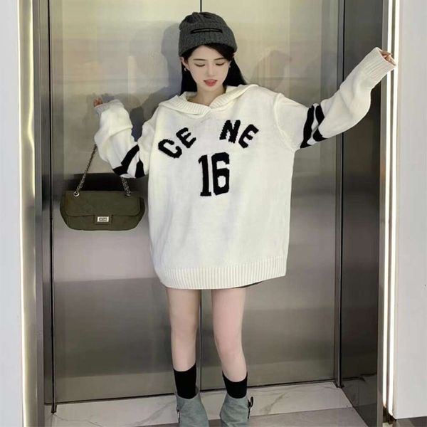 

New Designed Casual Women Knitted Sweater Long Sleeve Hooded Collar Loose Pullover Elegant Chic Ladies Sweater For Autumn 2023, White