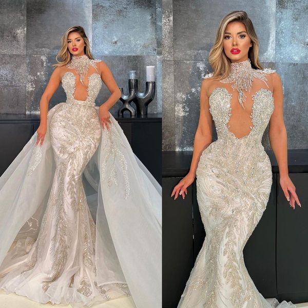 

crystal mermaid wedding dresses luxurious sleeveless high neck bridal gowns custom made sequined dress vestido de novia, White