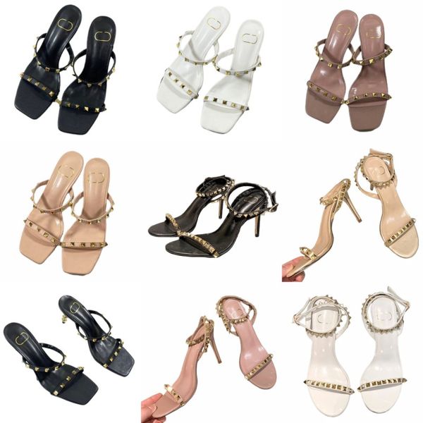 

new fashion sandals r high heel shoes leather alphabet beach shoes outdoor riveted rubber shoes retro hermene one-line non-slip shoes candy, Black