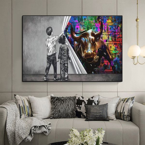 

canvas painting graffiti dollars behind the curtain art bull money posters prints wall art picture for living room decor cuadros no frame
