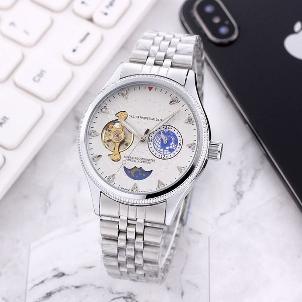 

role wristwatches for men 2023 new mens watches 40mm tourbillon automatic mechanical watch luxury brand steel strap moon phase men fashion m, Slivery;golden
