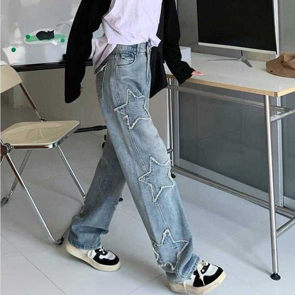 

retro washed blue jean five pointed star raw hem jeans womens autumn high waist