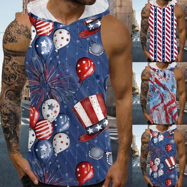 

men' tank mens outdoor fitness loose independence day summer leisure printed sports hooded top, White;black