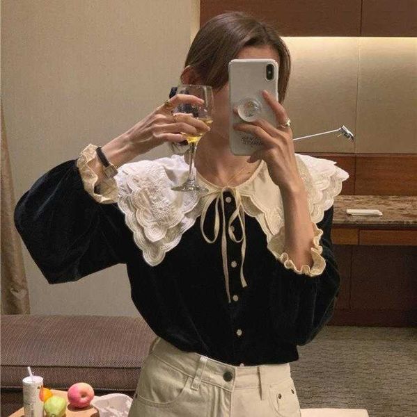 

spring french shirts retro heavy duty lace stitching contrast color double layer, White