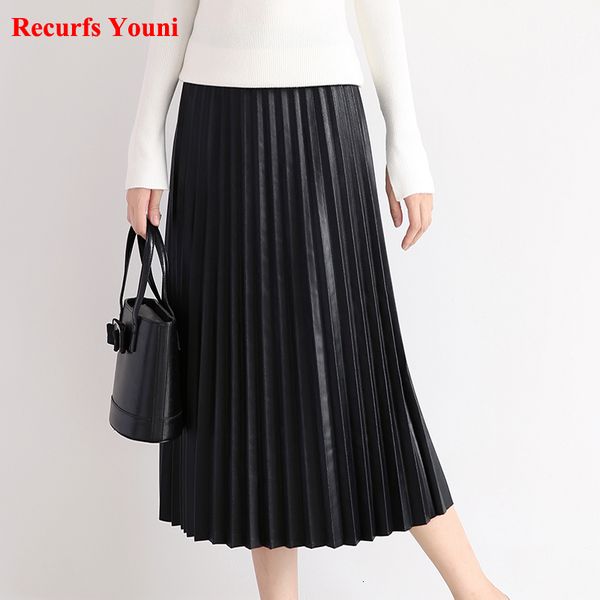 

skirts ropa de mujer elegant fashion women full-length genuine leather 75cm long pleated skirt lady nappa street black jupe faldas 230413