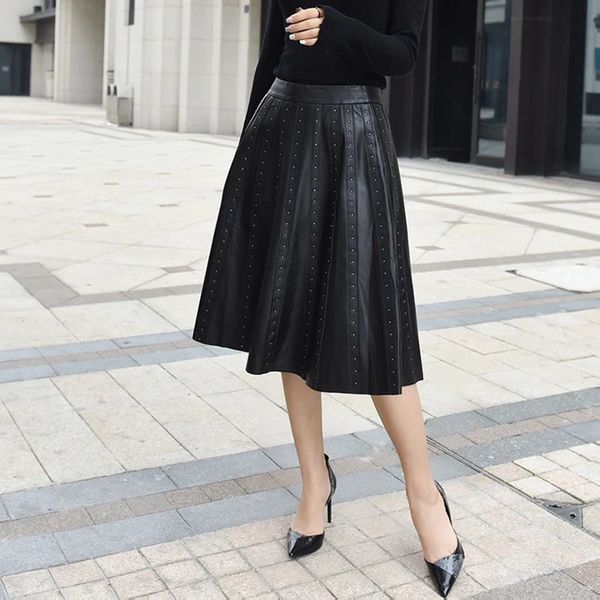

skirts black genuine leather skirts womens korean fashion a line long skirt vintage 230413