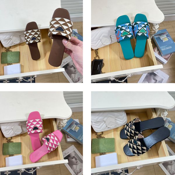 

2023 woman embroidered fabric slides slippers black beige multicolor embroidery mules womens home flip flops sandals leather flat slide rubb