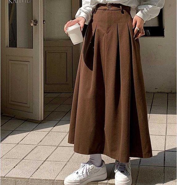 

woolen big hem skirt womens autumn winter retro high waist slimming pleated, Black