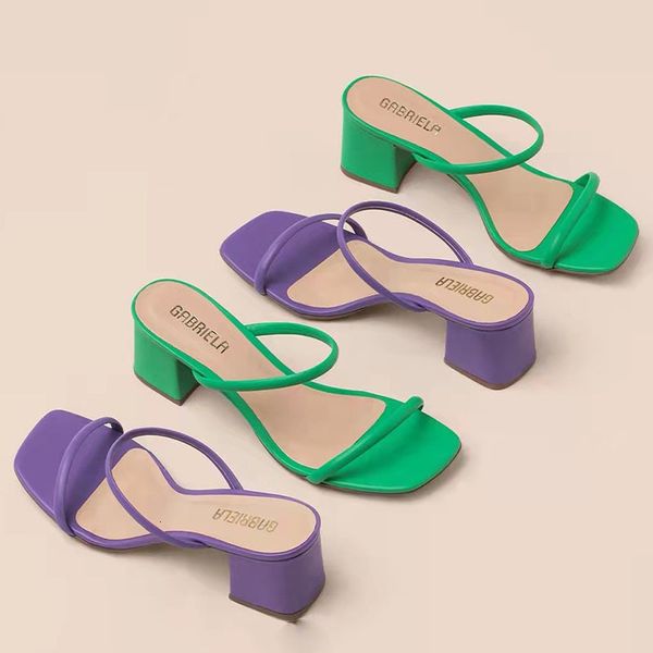 

slippers summer peep toe women slippers fashion solid color outdoor square heels sandals beach slides pumps sandalias de mujer 230413, Black