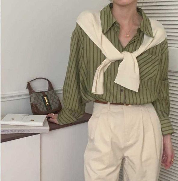 

korean blouses preppy style striped shawl fake two piece long sleeved shirt, White