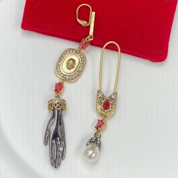 

charm personality asymmetrical palm flower pearl pendant designer earrings, Golden