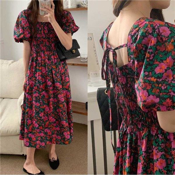 

french retro flower dresses square collar back lace up waist smocking design mid, Black;gray