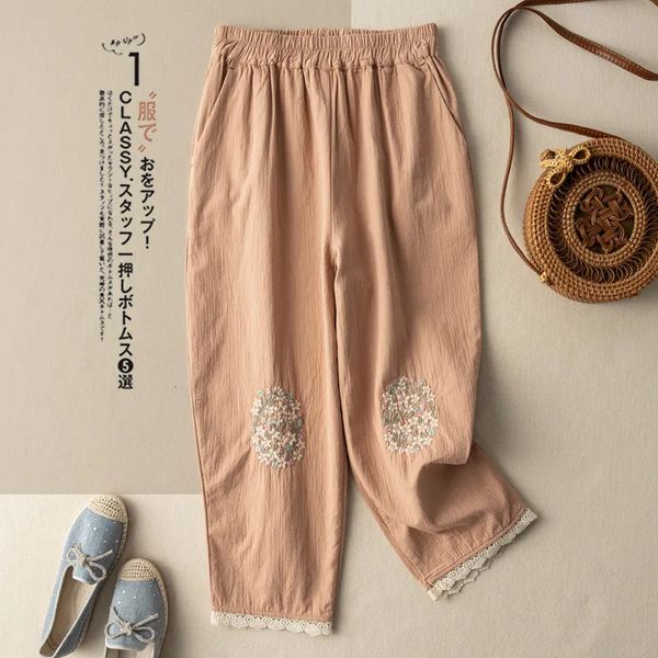 

women's pants capris cotton and linen embroidered casual pants women's summer fashion literary retro loose lace nine-point harem p, Black;white