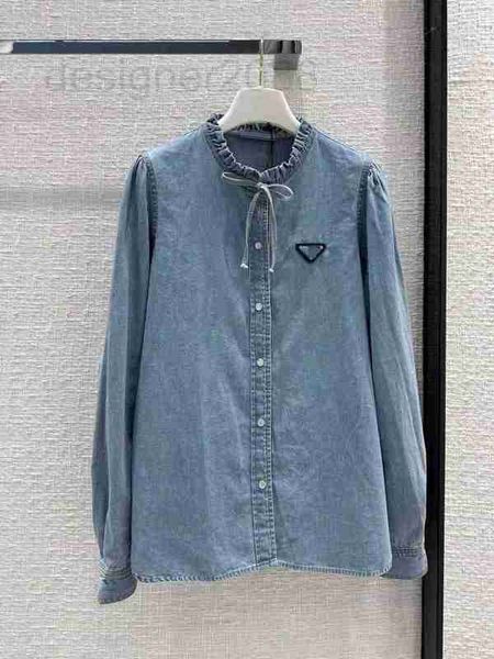 

women's blouses & shirts designer 23 spring summer style wood ear bow tie small standing neck letter triangle label denim shirt rq6w, White