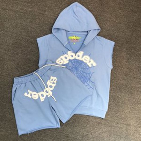 

sp5der 555555 mans tracksuit t shirts and shorts set streetwear sports leisure tracksuits sleeveless hooded vest sportswear suits jogger swe, Gray