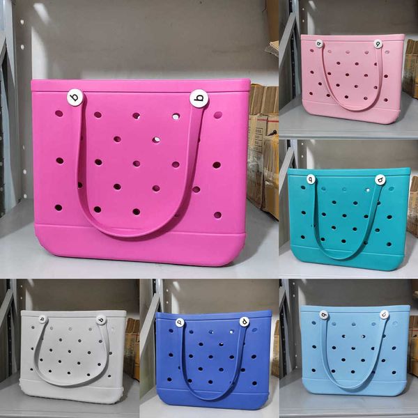 

soft silicone eva beach standing tote bags handbag hollow out holes waterproof rubber basket bag summer beach towels storage bag 230413