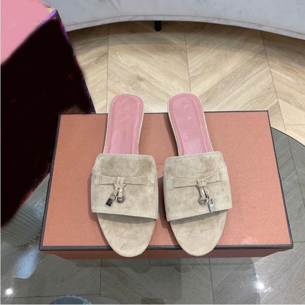 

summer charms slides embellished loro piana suede slippers luxe sandals shoes genuine leather open toe casual flats for women luxurys gaj#, Black