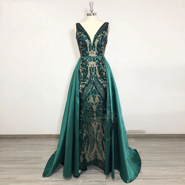 

green celebrity dresses v neck sequined with detachable train mermaid lace up backless applique satin long evening gown new, Black;red