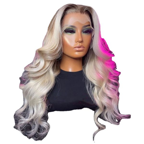 

lace front wig soft ombre blonde body wave preplucked 26inch 180% density natural hairline glueless for women babyhair, Black;brown