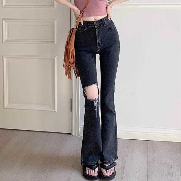 

ripped slightly flared jeans womens spring retro high waist slimming slim fit, Blue