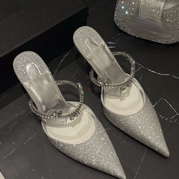 

2023 with box stiletto heel shoe spring summer elegant styles women rhinestone high heels crystals pointed toe mesh pumps soles sandals high, Black