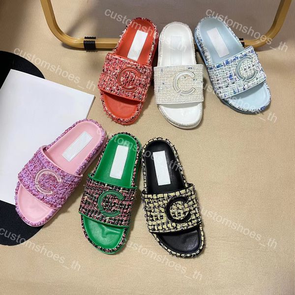 

designer shoes women slippers knitted tweed sandals rubber flat slides slip on mules summer beach flip flops platform tweed sandal, Black