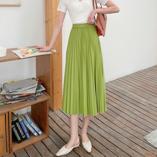 

skirts spring casual simple solid color loose pleated skirt elastic high waist slim temperament women long skirt 230413, Black