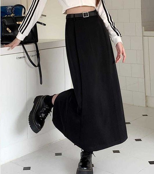 

black high waist suit straight skirt womens spring and summer draping double slit
