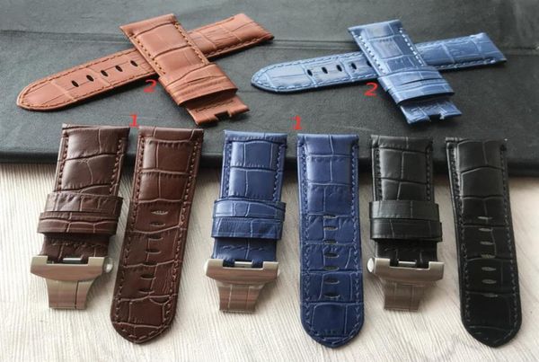 

24mm handmade black blue stitched genuine calf leather watch strap band for deployment buckle watchband strap for pam1579601, Black;brown