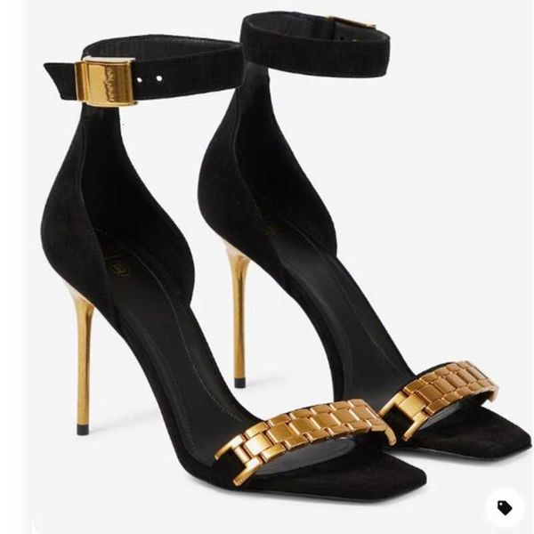 

square head simple buckle gold heel chain strap fashionable street p sandals heels, Black