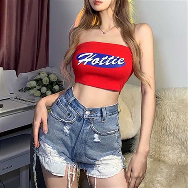 

women's tanks camis feng chun xia 2022 new letter printed open umbilical one line collar wrapped chest racerback small tank top, White