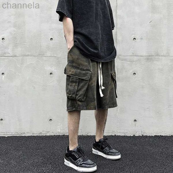 

men's shorts summer hiphop cotton high street loose camouflage overalls y2k straight all-match retro five-point pants, White;black