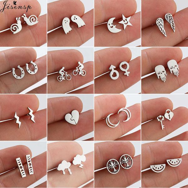 

stud mini stainless steel earrings girls minimalist jewelry punk black heart snail moon skull stud earring korean wings studs brincos p23041, Golden;silver