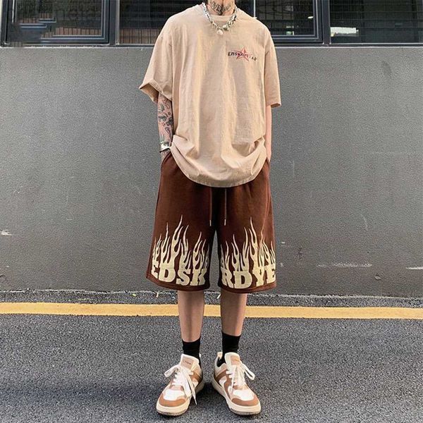 

men's shorts summer new street retro casual sports american style loose y2k hip-hop flame print straight five-point pants, White;black