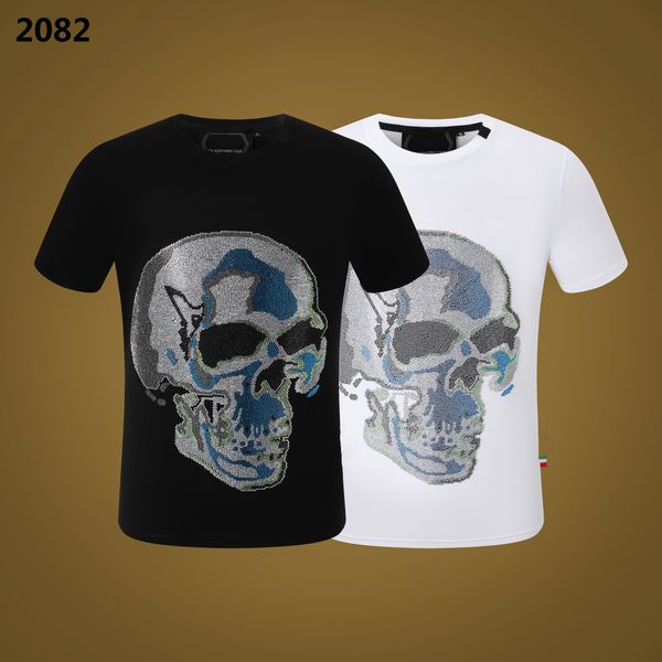 

pp fashion men's designer slim fit t-shirt summer rhinestone short sleeve round neck shirt tee skulls print streetwear collar polos m-, White;black